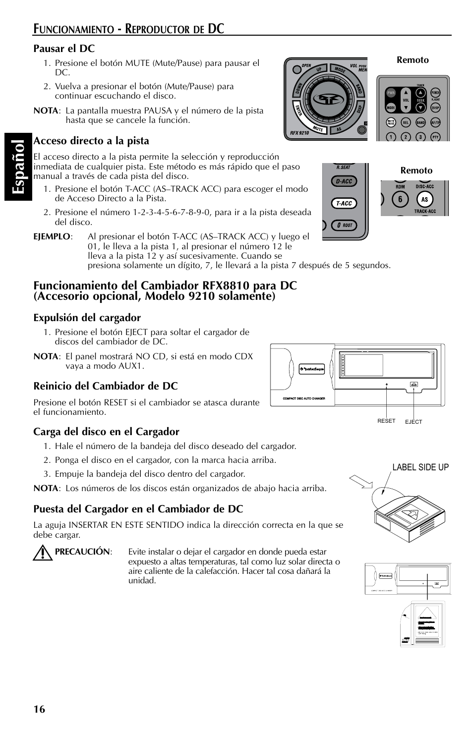 Espa ñ ol, Pausar el dc, Acceso directo a la pista | Expulsión del cargador, Reinicio del cambiador de dc, Carga del disco en el cargador, Puesta del cargador en el cambiador de dc, Uncionamiento, Eproductor de | Rockford Fosgate RFX9110 User Manual | Page 64 / 76