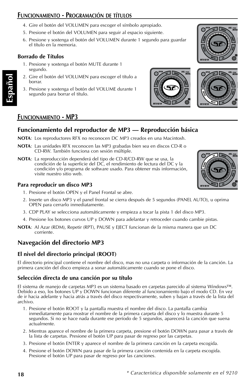 Español, Navegación del directorio mp3 | Rockford Fosgate RFX9110 User Manual | Page 66 / 76