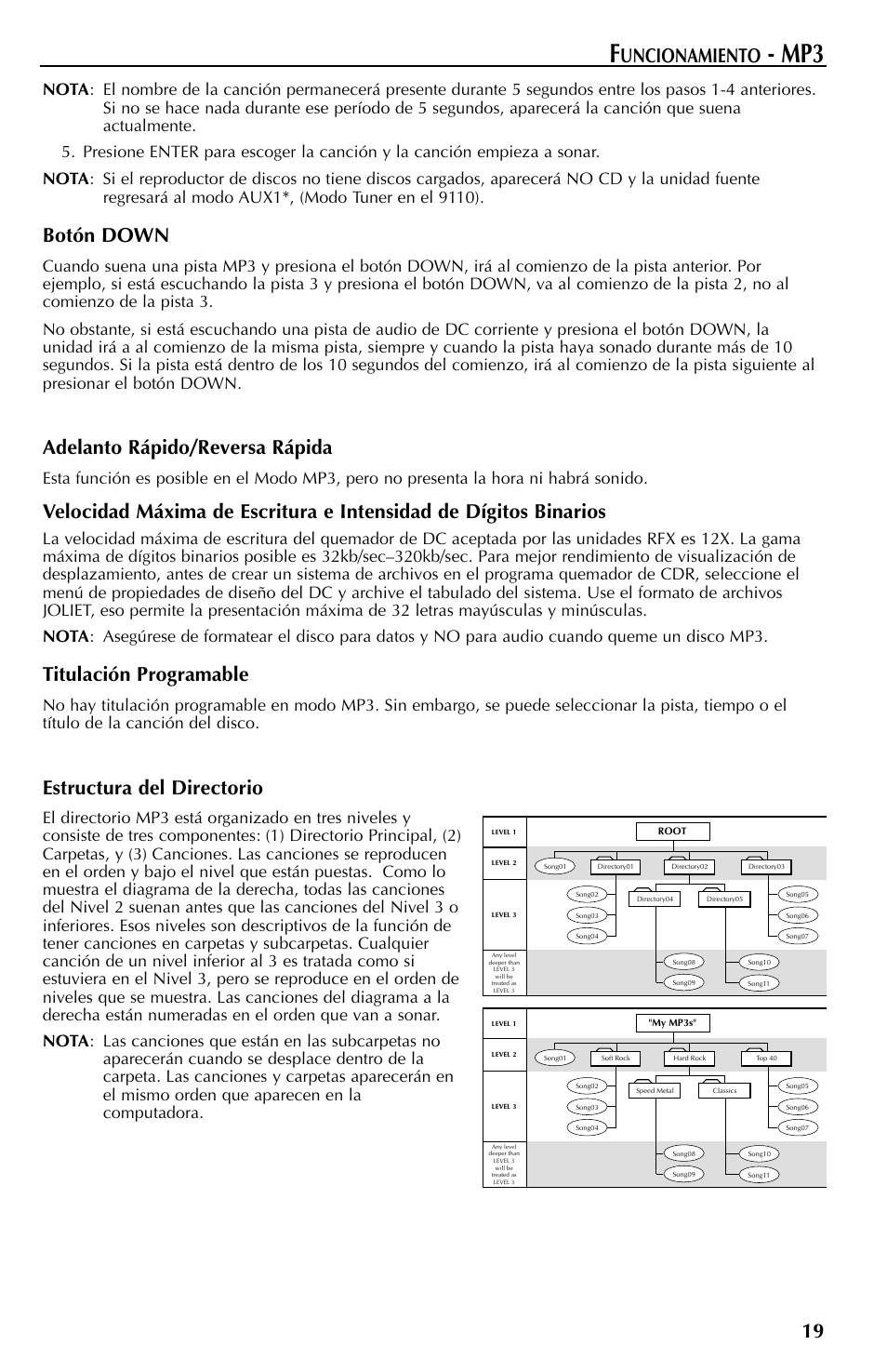 Uncionamiento, Botón down, Adelanto rápido/reversa rápida | Titulación programable, Estructura del directorio | Rockford Fosgate RFX9110 User Manual | Page 67 / 76
