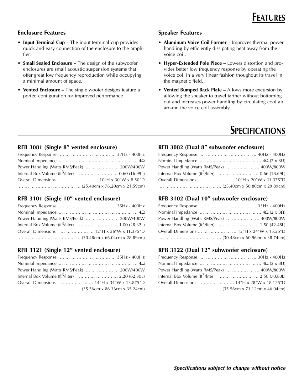 Eatures, Pecifications | Rockford Fosgate RFB3102 User Manual | Page 3 / 4