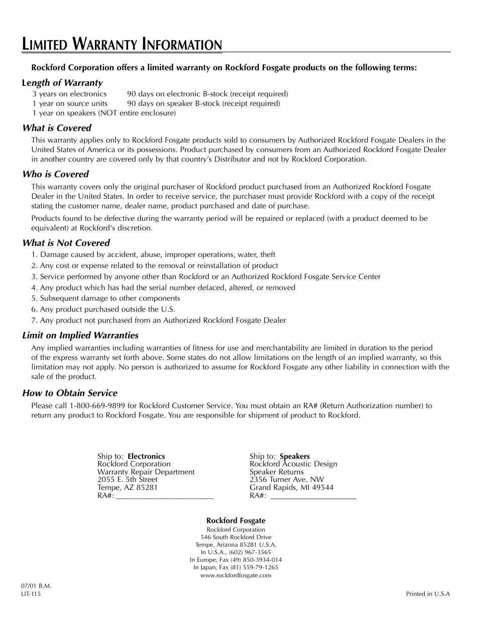 Imited, Arranty, Nformation | Rockford Fosgate RFB3102 User Manual | Page 4 / 4