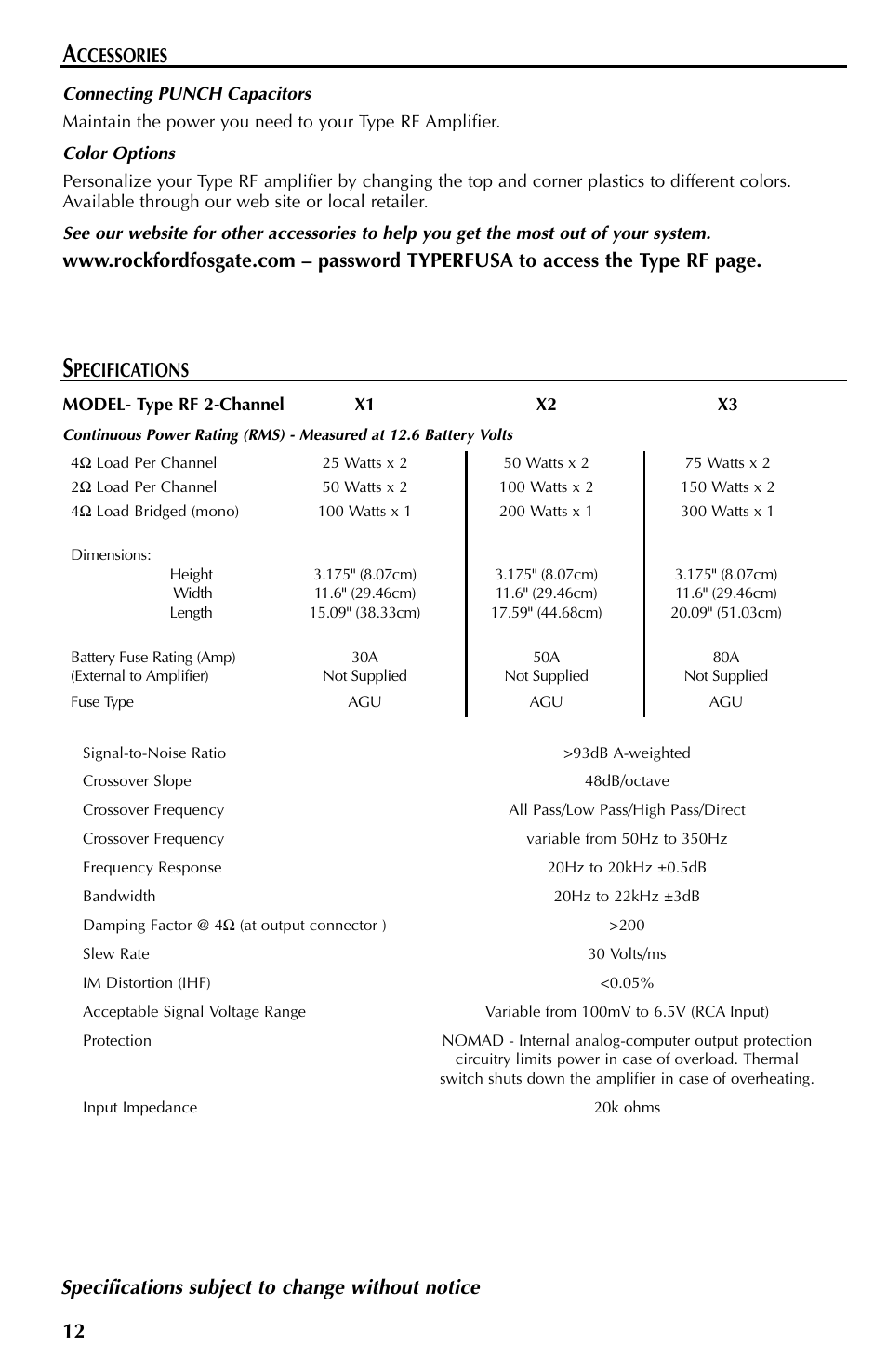 12 specifications subject to change without notice, Pecifications, Ccessories | Rockford Fosgate X2 User Manual | Page 12 / 64