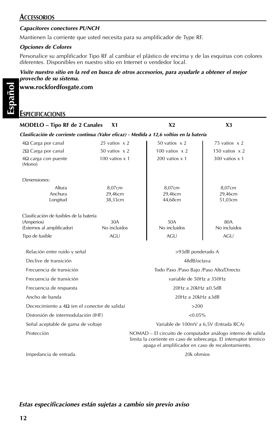 Espa ñ ol, Ccessorios | Rockford Fosgate X2 User Manual | Page 36 / 64