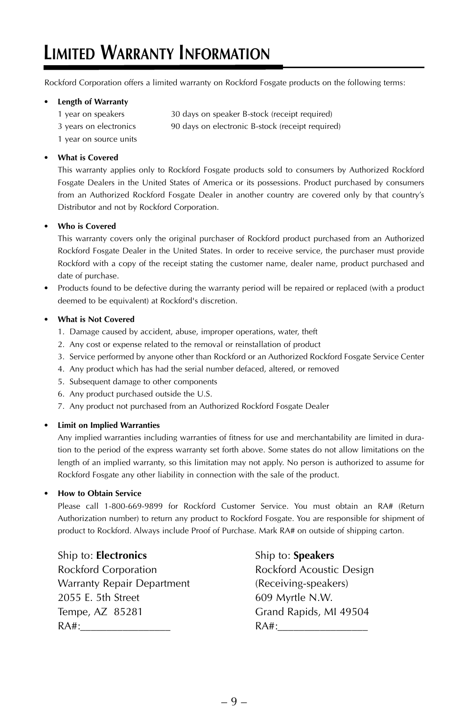 Imited, Arranty, Nformation | Rockford Fosgate FNP2614U User Manual | Page 12 / 24
