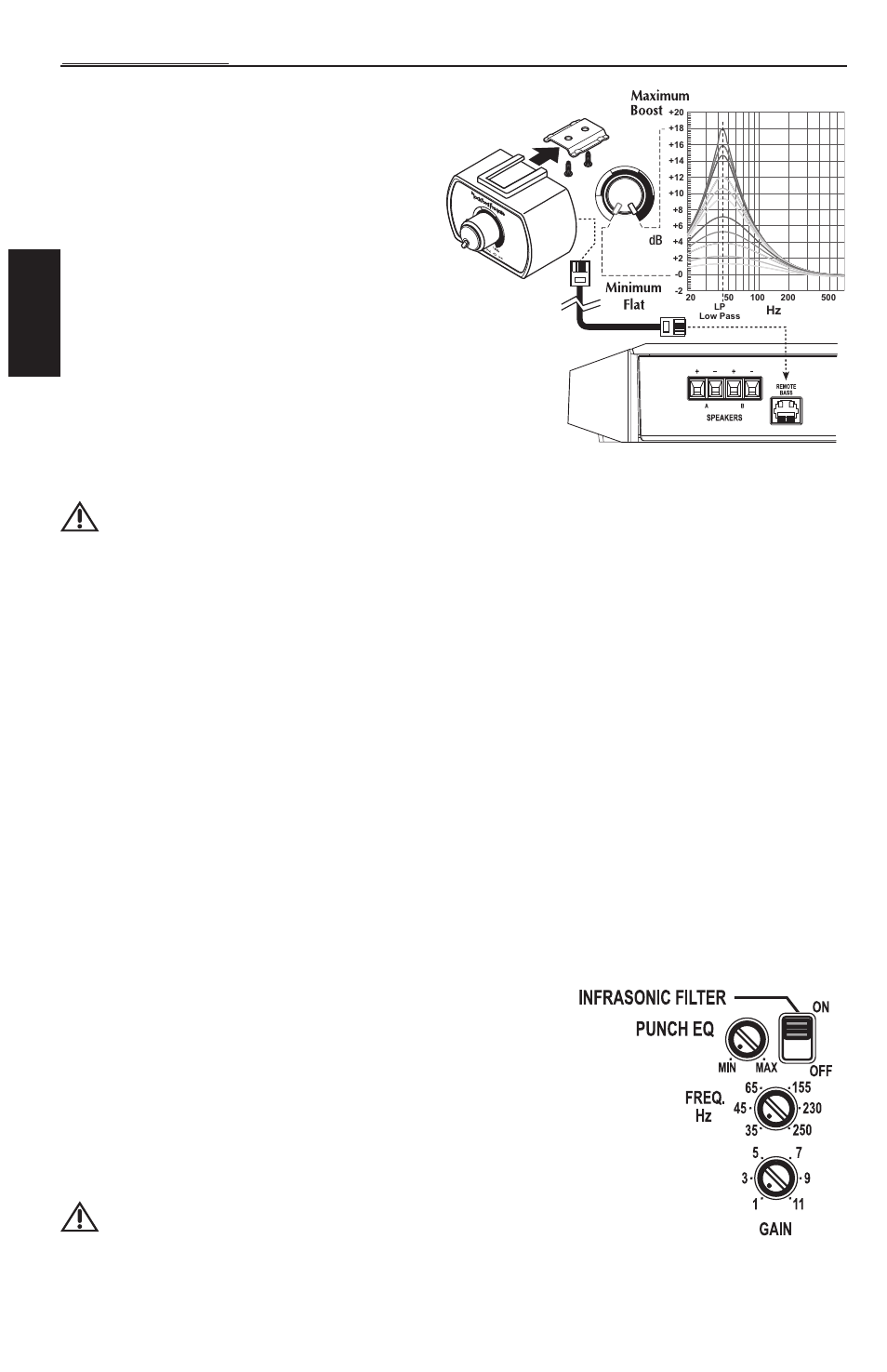 Español, Remote punch eq (opcional), Filtro infrasónico | Punch eq, Ajuste de la frecuencia x-over, Ajuste de ganancia, Uncionamiento | Rockford Fosgate T1500-1bd User Manual | Page 28 / 52