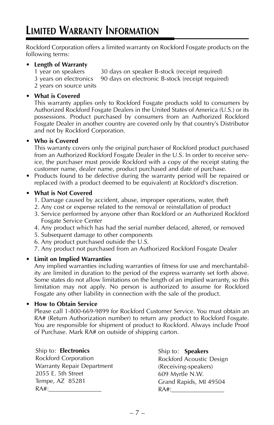 Imited, Arranty, Nformation | Rockford Fosgate FNX2405 User Manual | Page 10 / 20