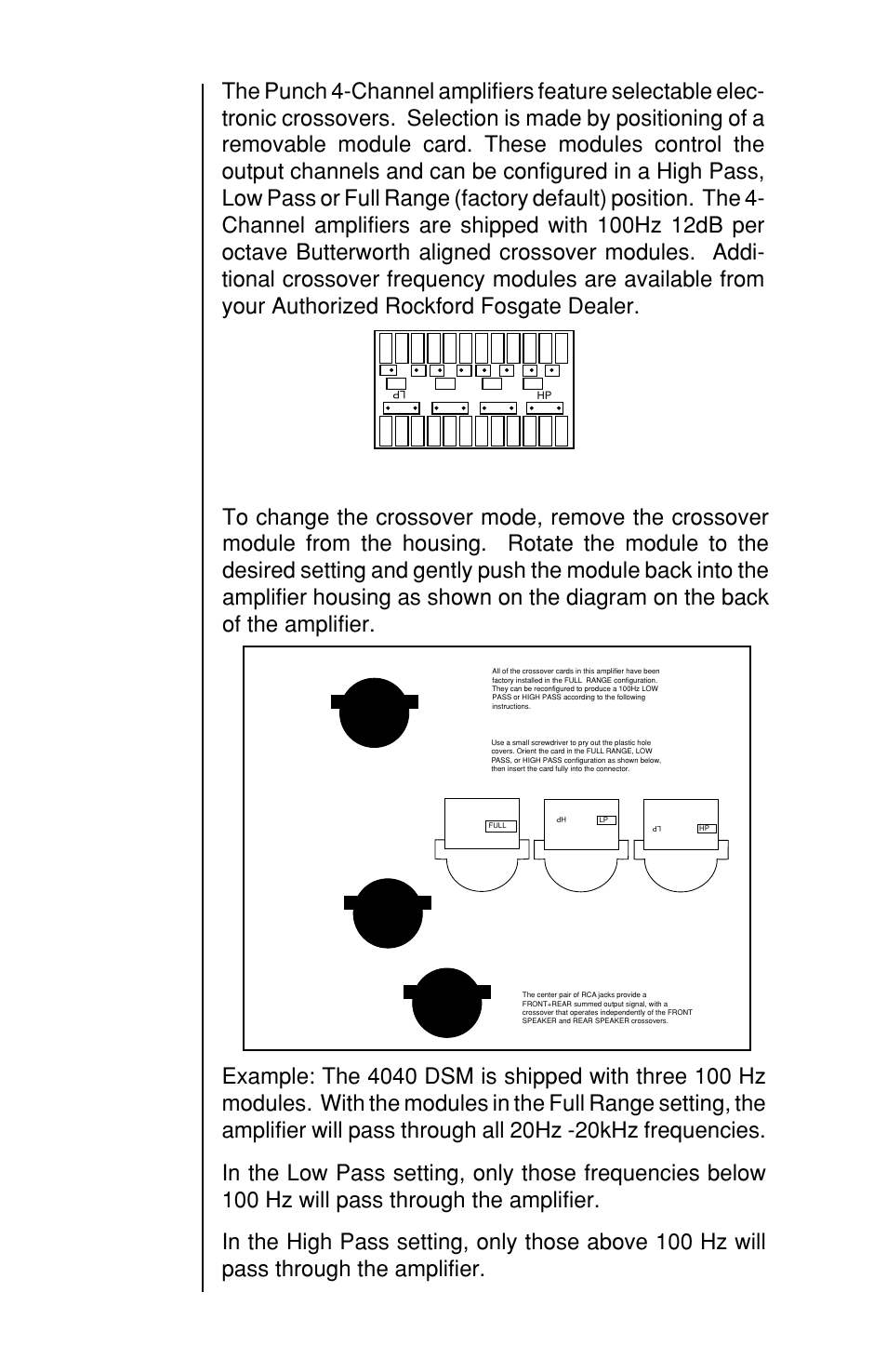 Active crossover mode selection, Crossover frequency settings | Rockford Fosgate 4-CHANNEL AMPLIFIER User Manual | Page 20 / 35