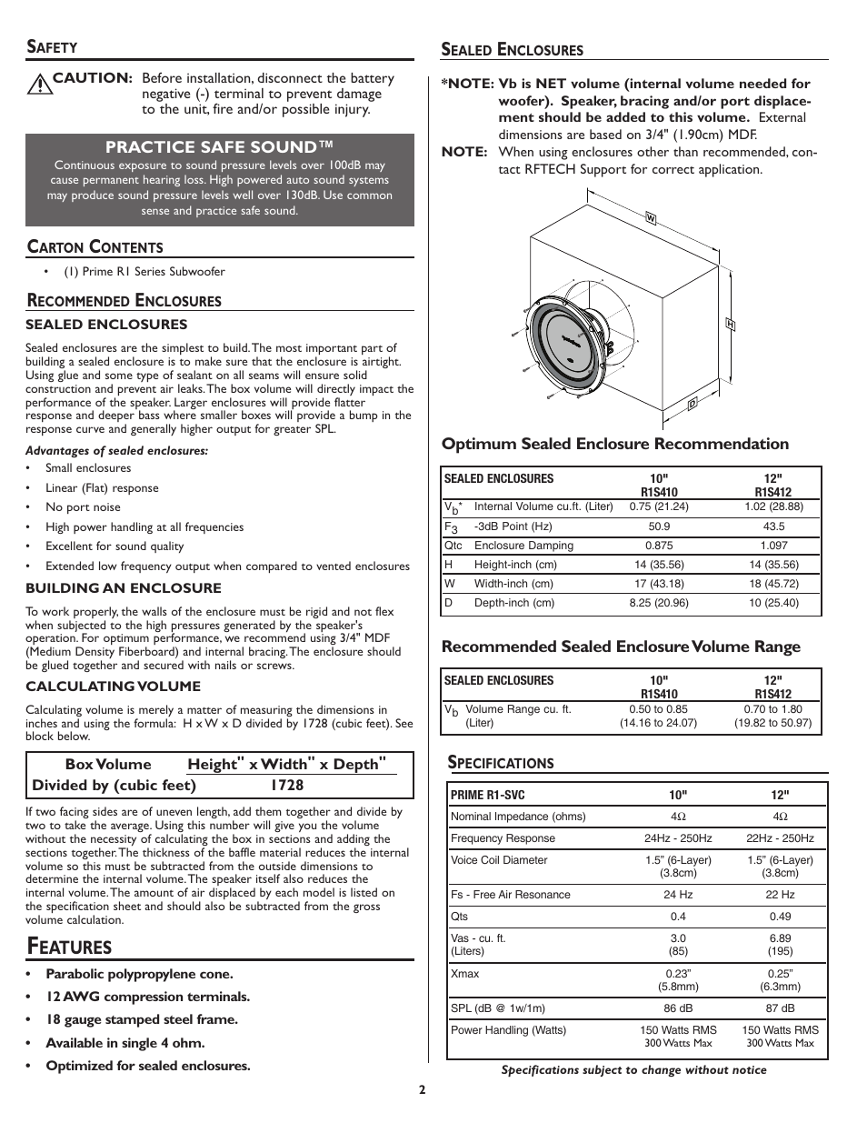 Eatures, Practice safe sound | Rockford Fosgate Prime R1S412 User Manual | Page 2 / 4