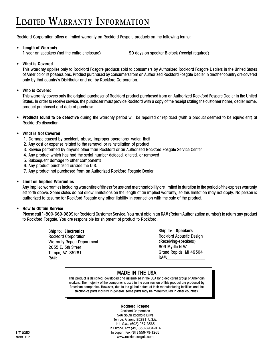 Imited, Arranty, Nformation | Rockford Fosgate RTR1102 User Manual | Page 4 / 4