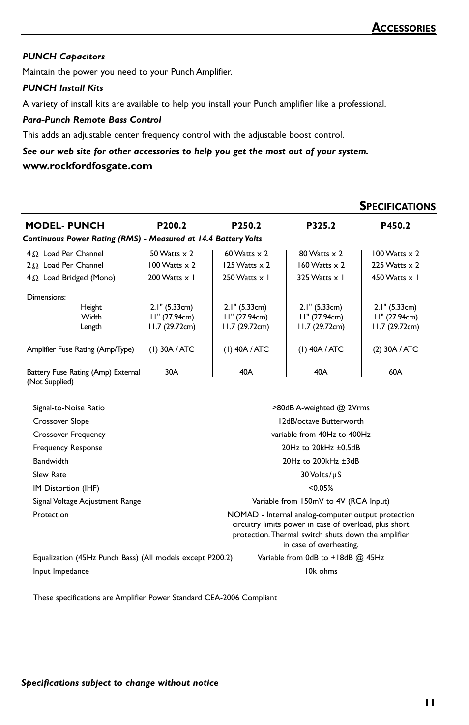 Ccessories, Pecifications | Rockford Fosgate P550.2 User Manual | Page 11 / 64