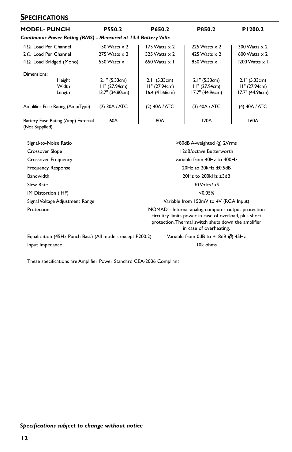 Pecifications | Rockford Fosgate P550.2 User Manual | Page 12 / 64