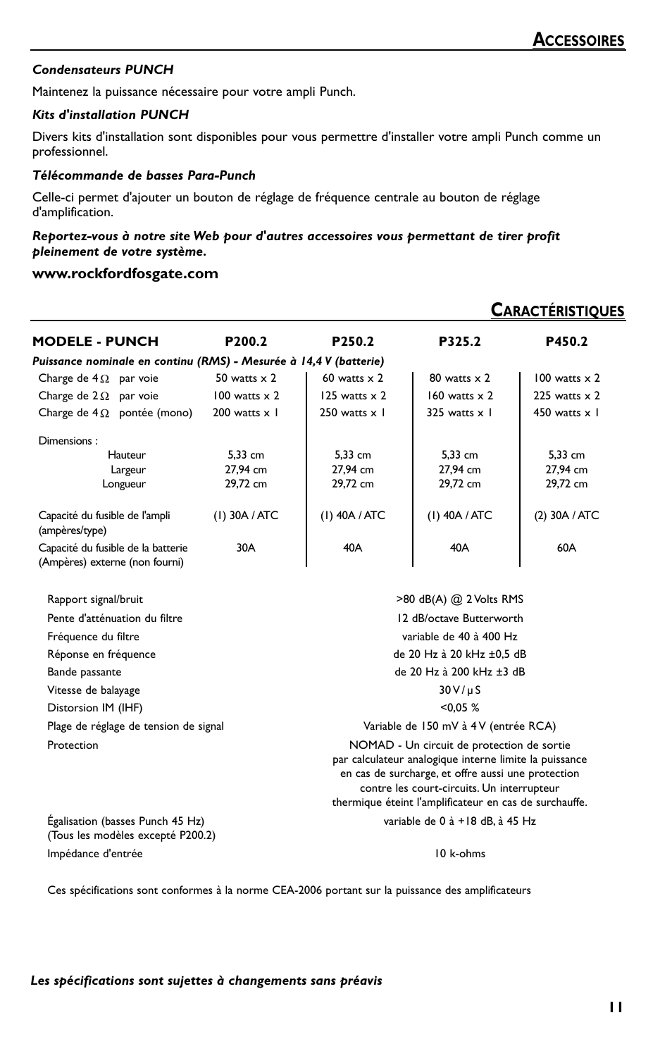 Ccessoires, Aractéristiques | Rockford Fosgate P550.2 User Manual | Page 23 / 64