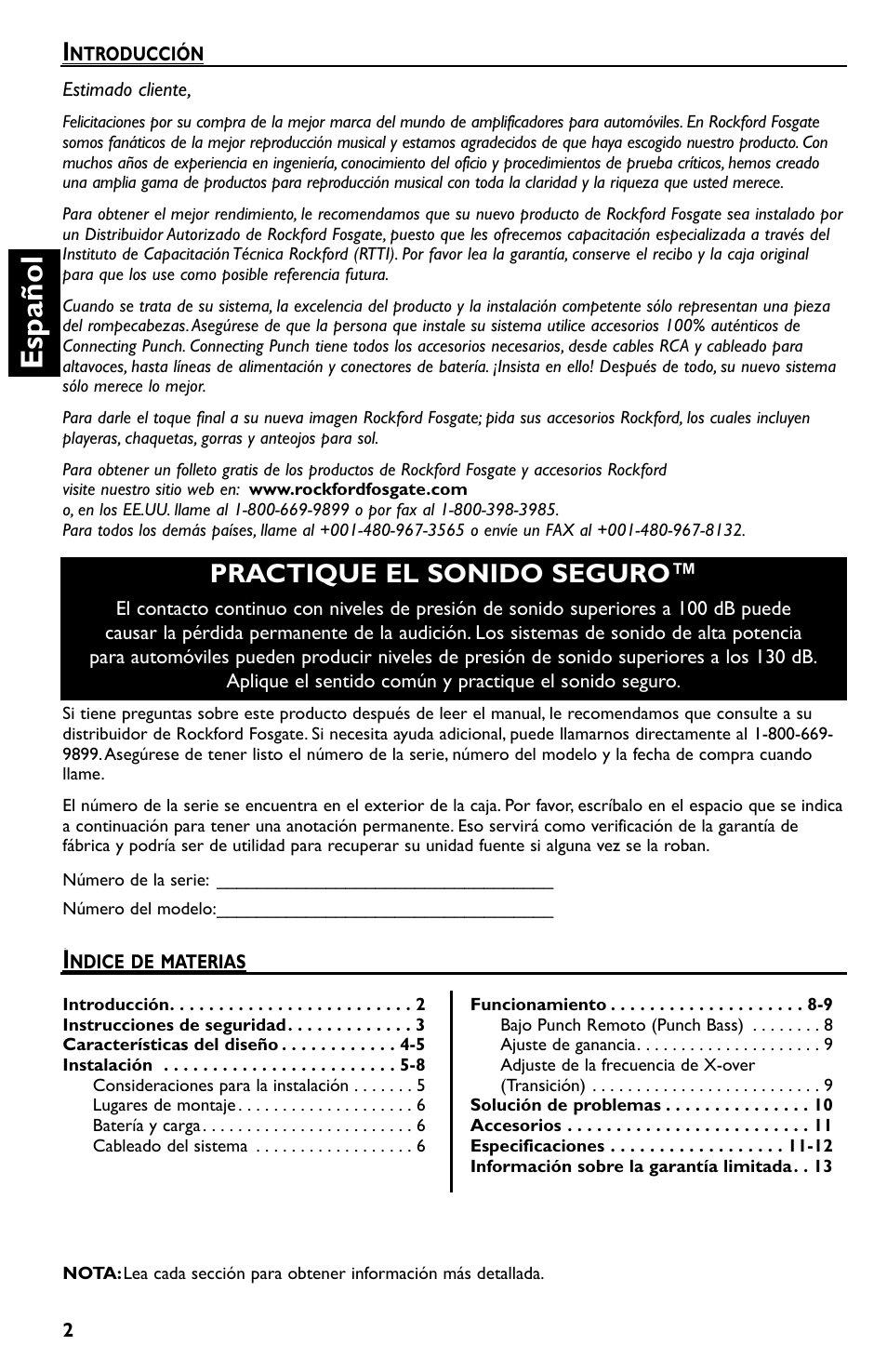 Español, Practique el sonido seguro | Rockford Fosgate P550.2 User Manual | Page 26 / 64
