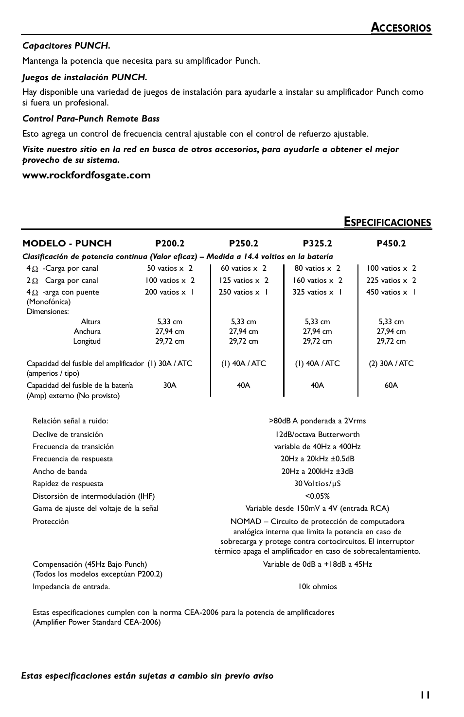 Ccesorios, Specificaciones | Rockford Fosgate P550.2 User Manual | Page 35 / 64