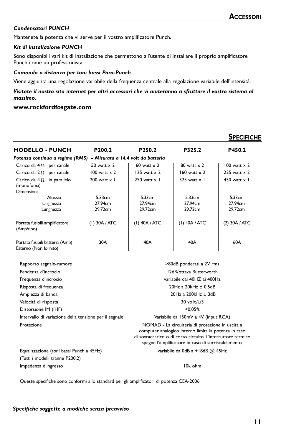 Ccessori, Pecifiche | Rockford Fosgate P550.2 User Manual | Page 59 / 64
