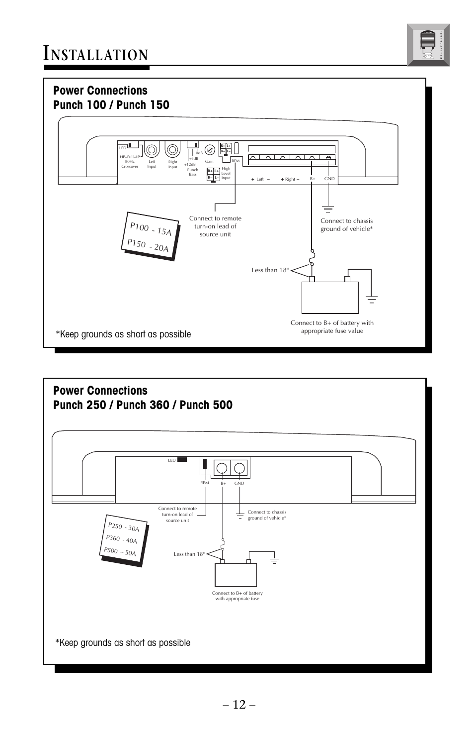 Nstallation, Keep grounds as short as possible | Rockford Fosgate 250 User Manual | Page 17 / 40