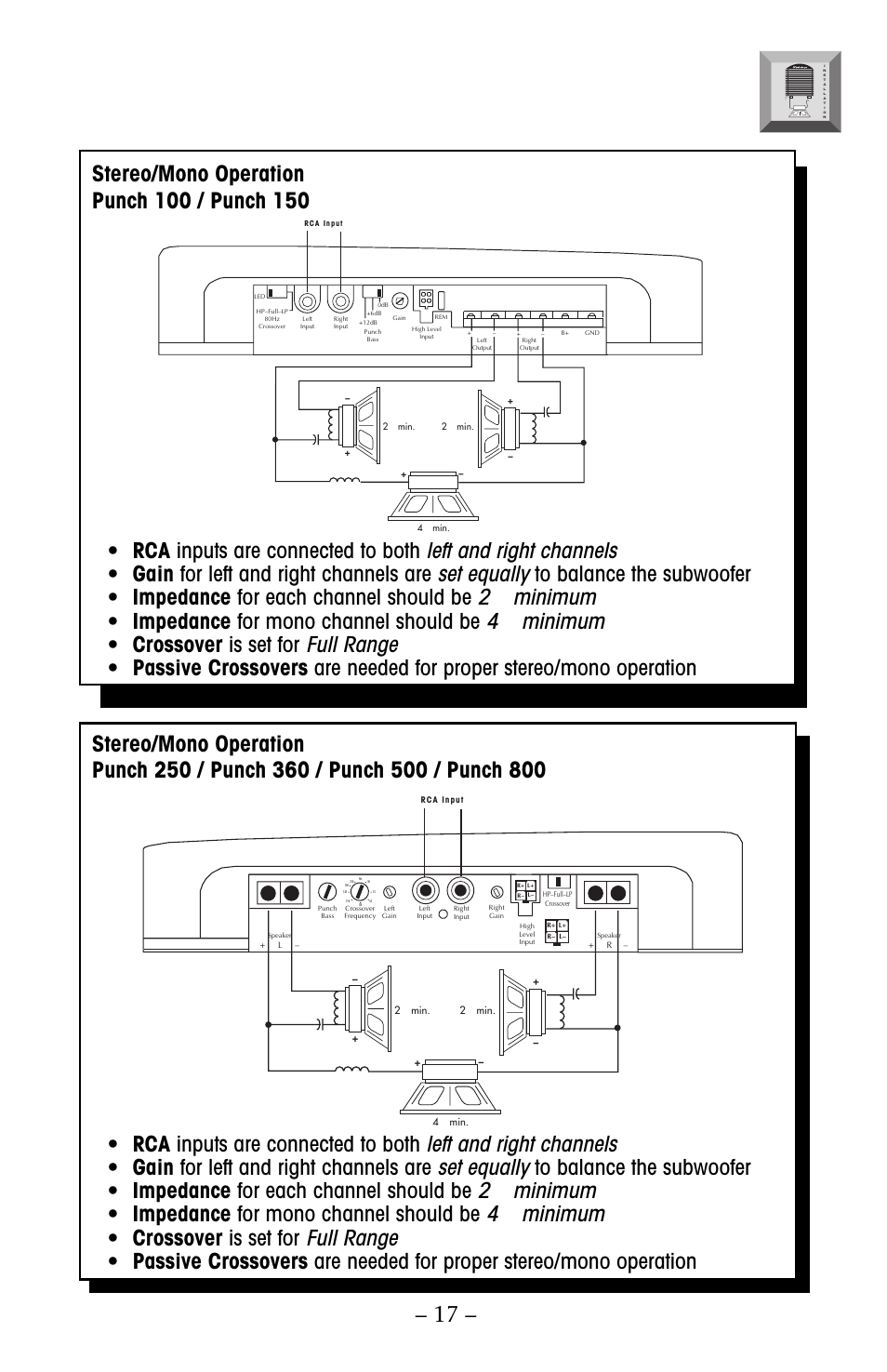 Left and right channels, Set equally, 2ω minimum | 4ω minimum, Full range, Rca inputs are connected to both, Gain for left and right channels are, Impedance for mono channel should be, Crossover is set for | Rockford Fosgate 250 User Manual | Page 22 / 40