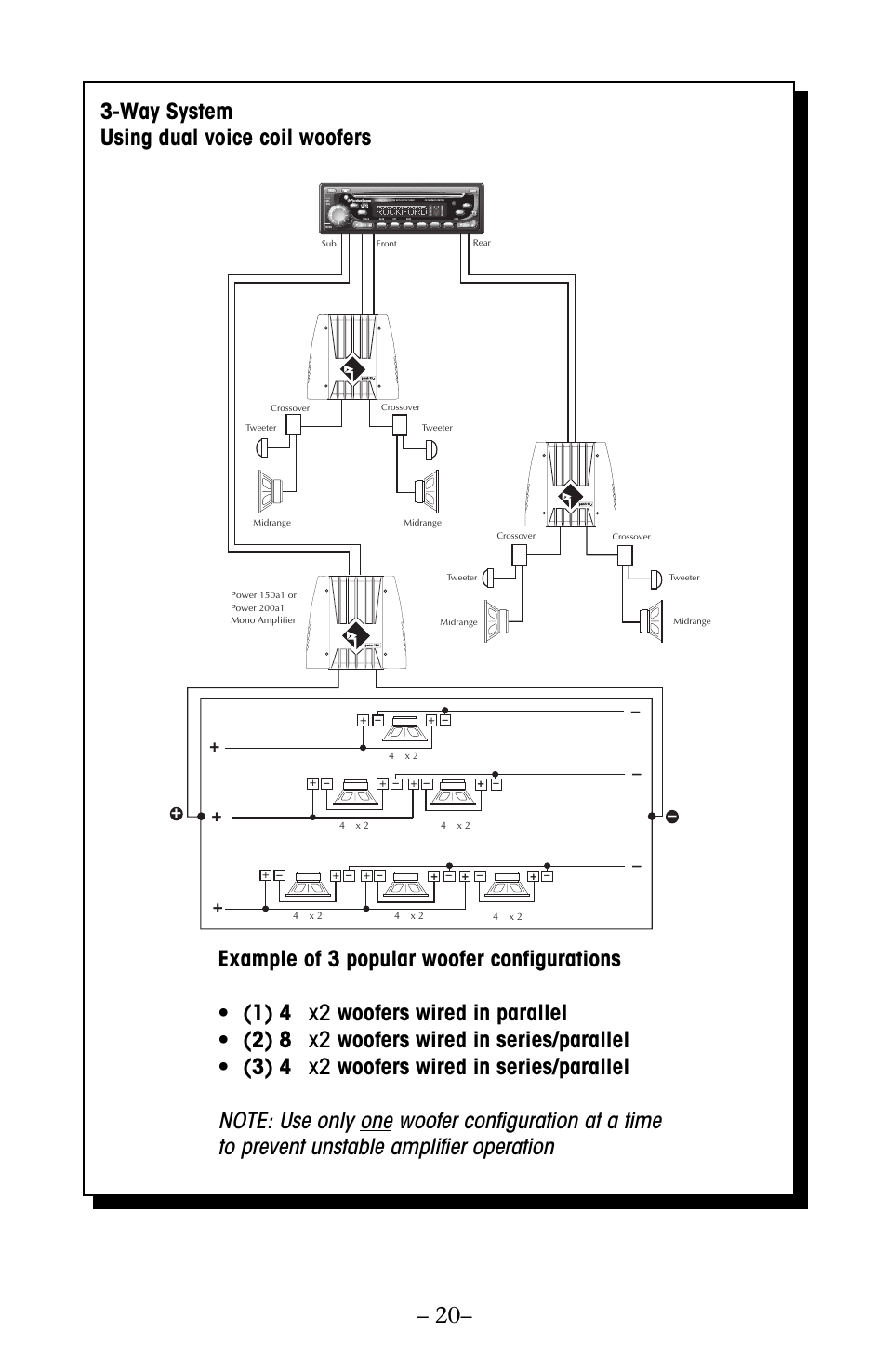 20– 3-way system using dual voice coil woofers | Rockford Fosgate 250 User Manual | Page 25 / 40