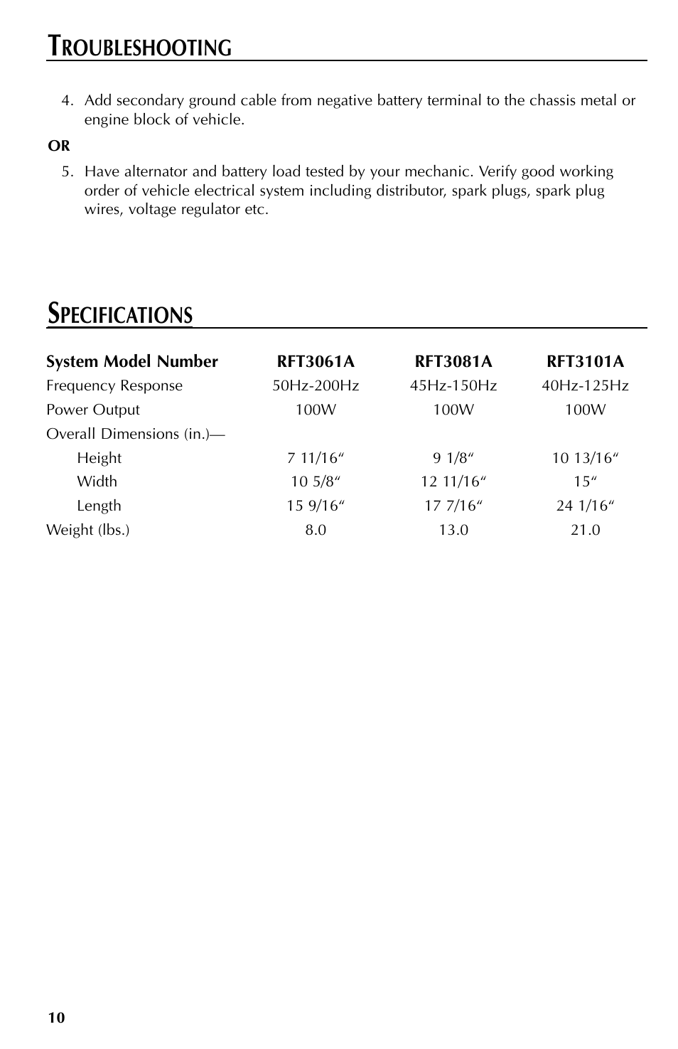 Pecifications, Roubleshooting | Rockford Fosgate RFT3061A User Manual | Page 10 / 52