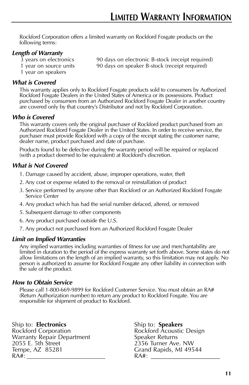 Imited, Arranty, Nformation | Rockford Fosgate RFT3061A User Manual | Page 11 / 52