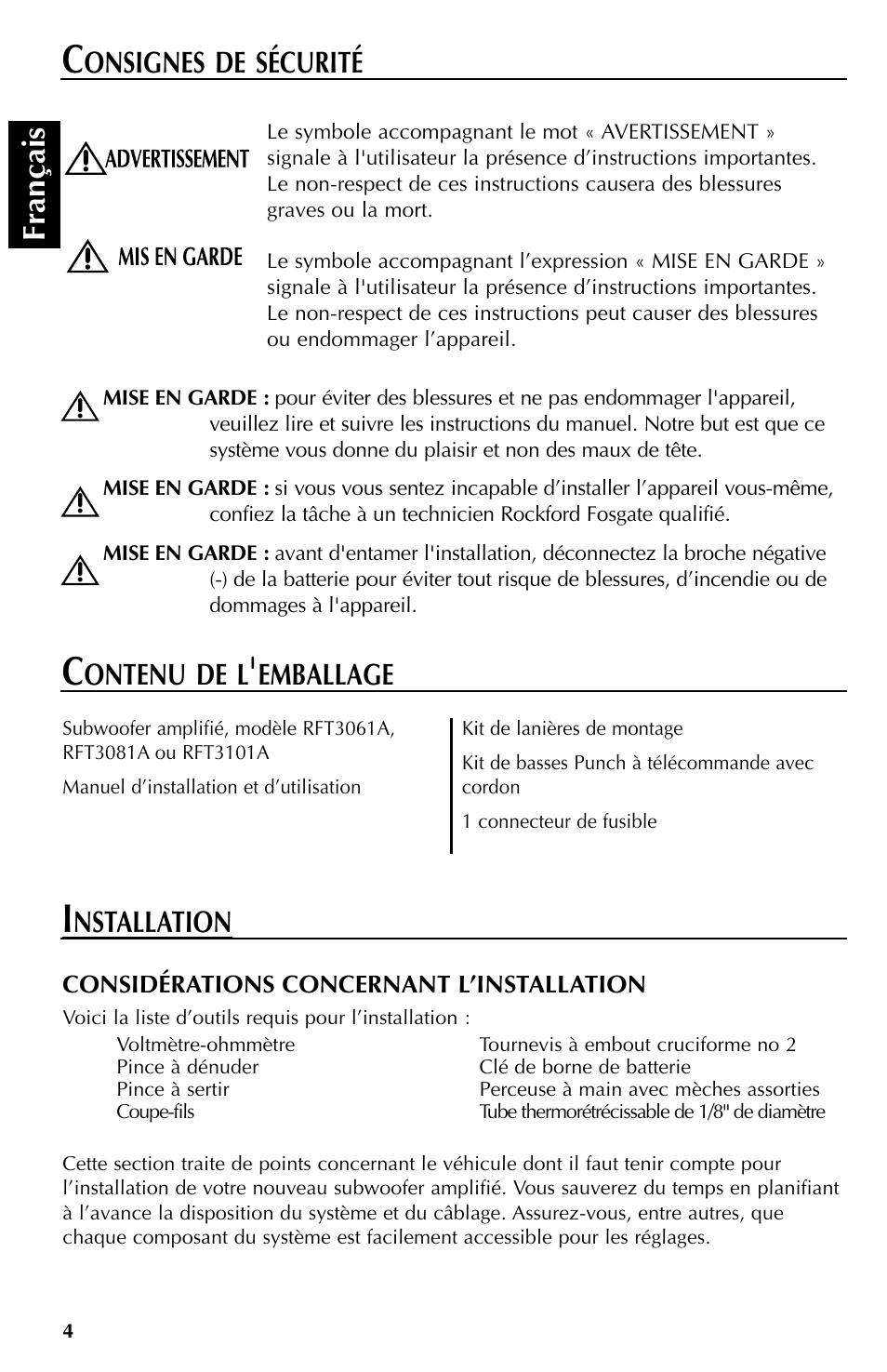 Fran çais, Nstallation, Onsignes de sécurité | Ontenu de l, Emballage | Rockford Fosgate RFT3061A User Manual | Page 14 / 52
