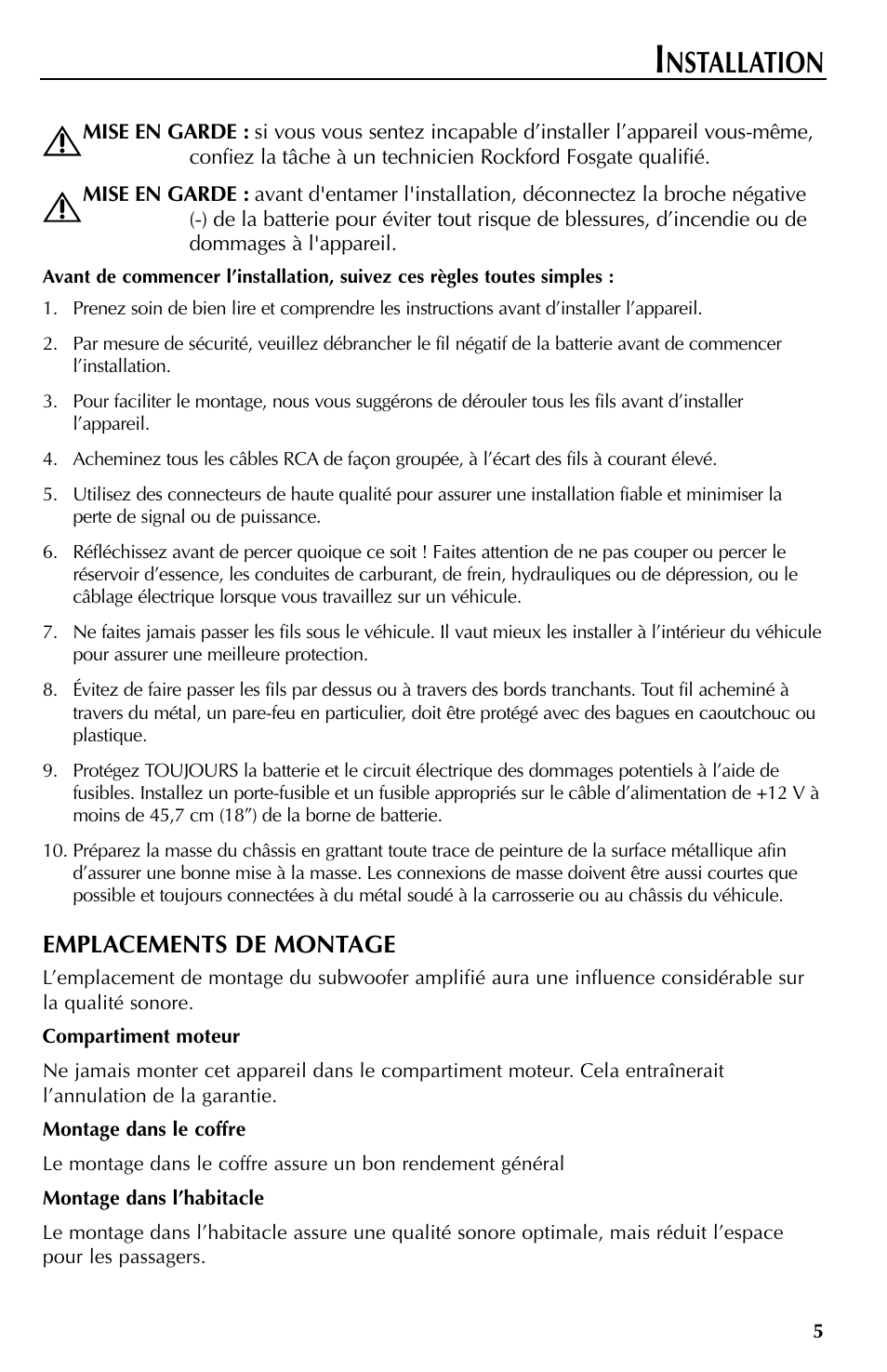 Nstallation, Emplacements de montage | Rockford Fosgate RFT3061A User Manual | Page 15 / 52