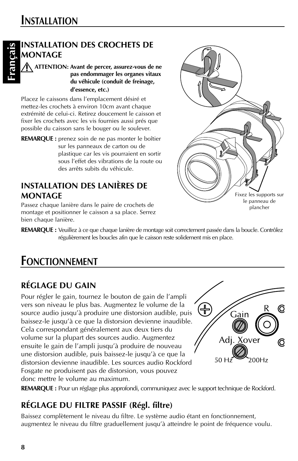 Fran çais, Onctionnement, Nstallation | Rockford Fosgate RFT3061A User Manual | Page 18 / 52