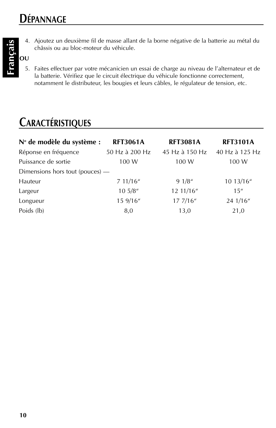 Fran çais, Aractéristiques, Épannage | Rockford Fosgate RFT3061A User Manual | Page 20 / 52