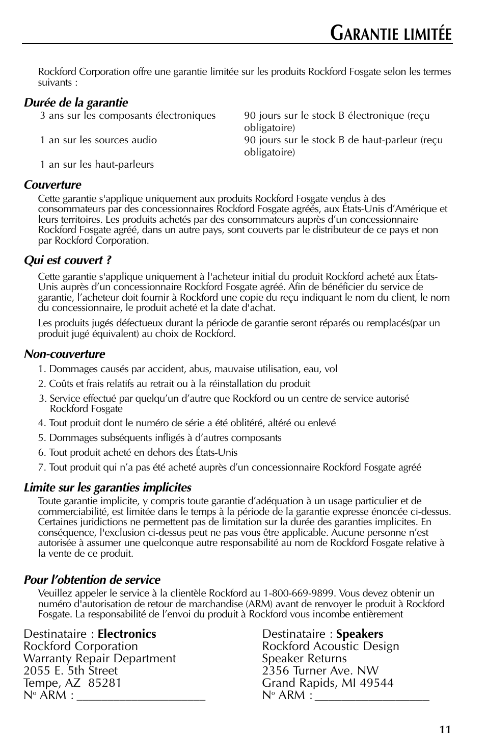 Arantie limitée | Rockford Fosgate RFT3061A User Manual | Page 21 / 52