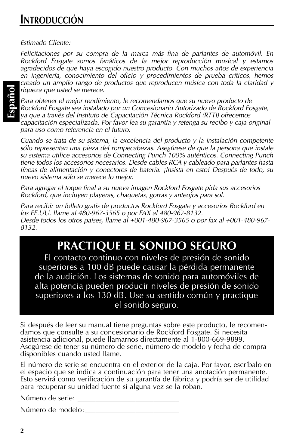 Practique el sonido seguro, Espa ñ ol, Ntroducción | Rockford Fosgate RFT3061A User Manual | Page 22 / 52