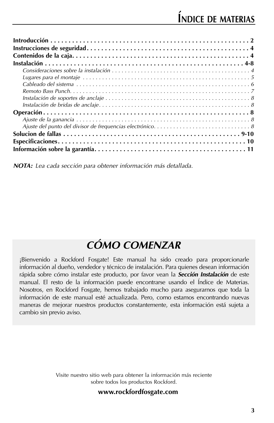 Cómo comenzar, Ndice de materias | Rockford Fosgate RFT3061A User Manual | Page 23 / 52