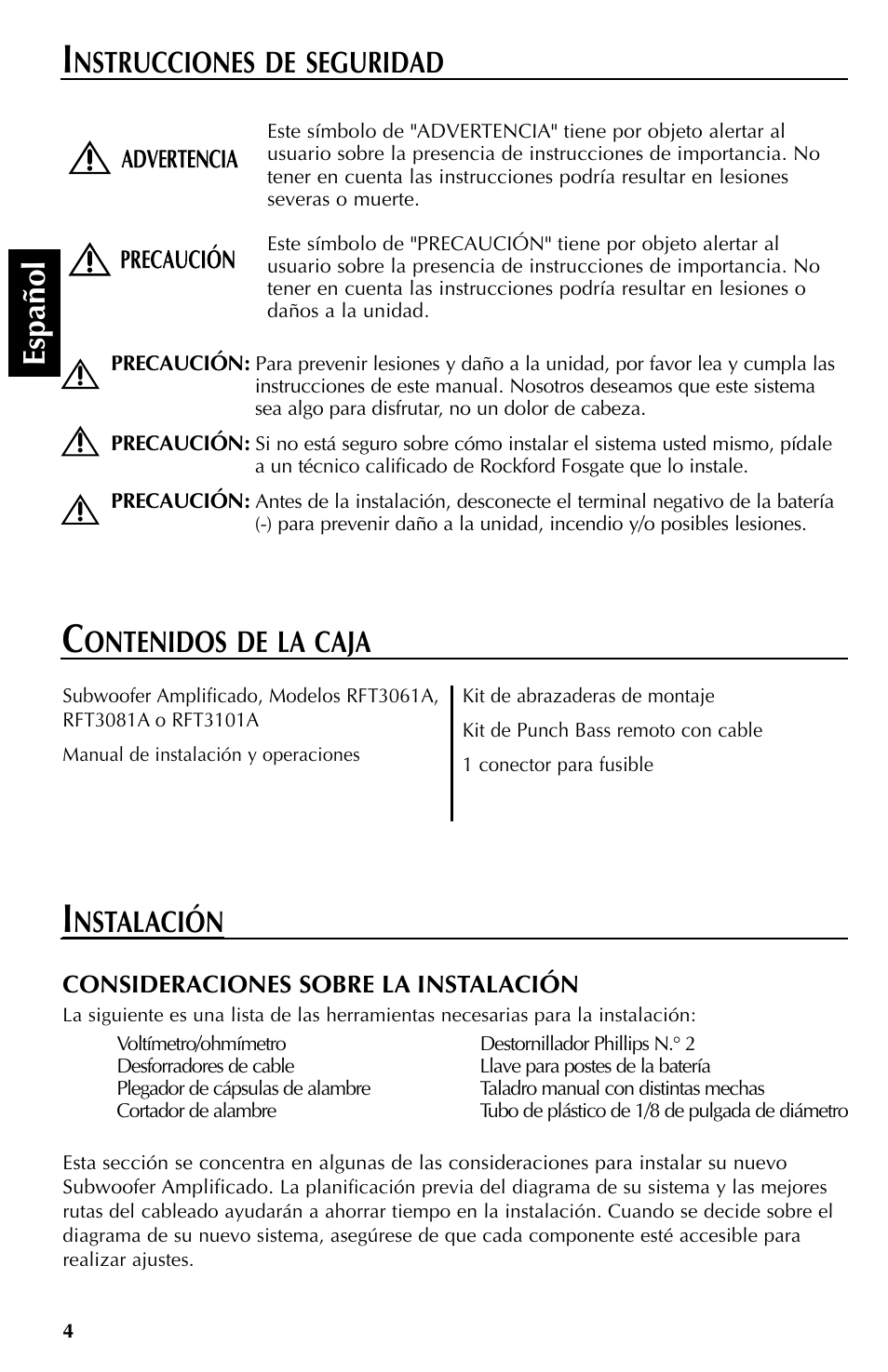 Espa ñ ol, Nstalación, Nstrucciones de seguridad | Ontenidos de la caja | Rockford Fosgate RFT3061A User Manual | Page 24 / 52