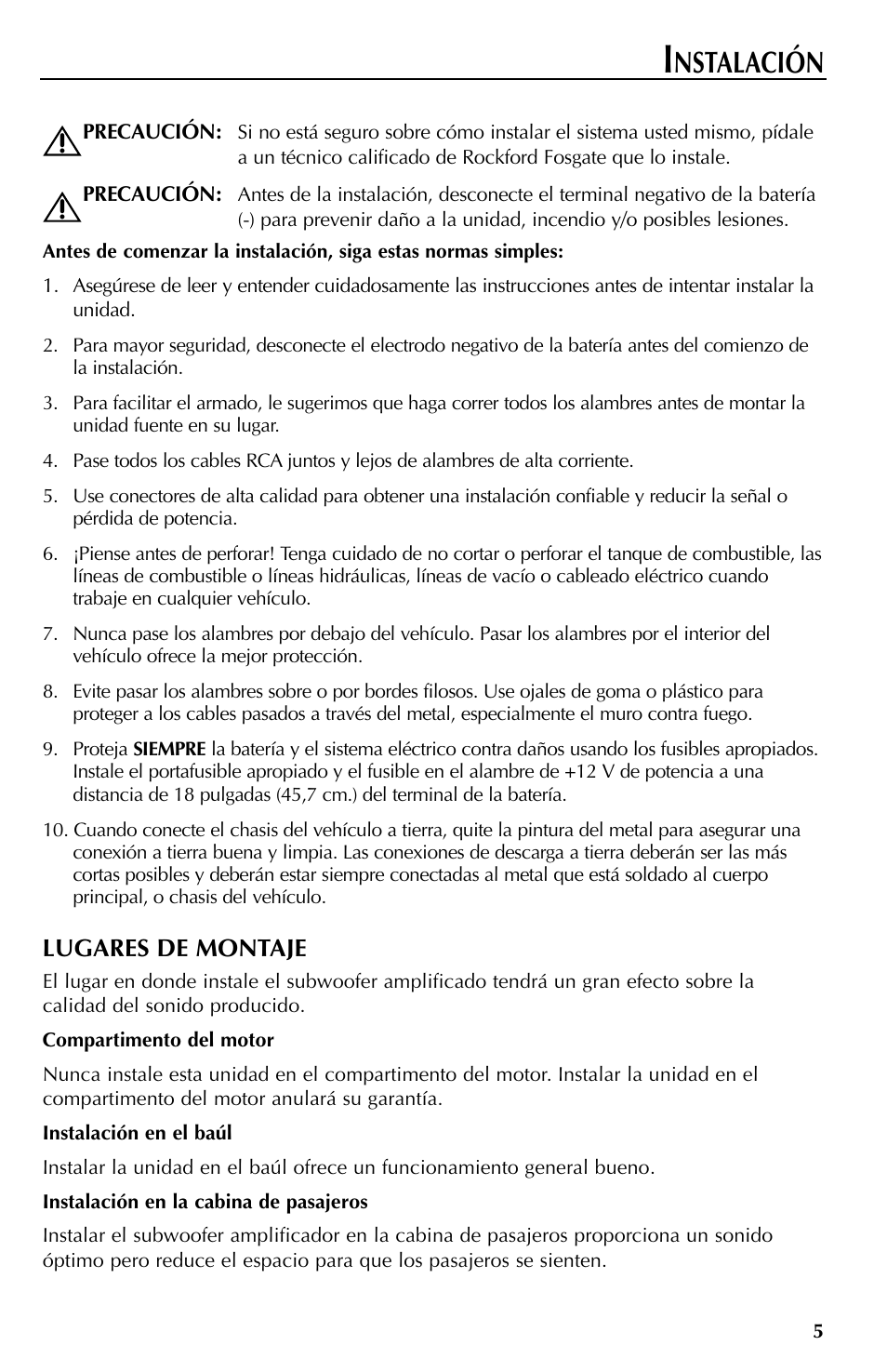 Nstalación, Lugares de montaje | Rockford Fosgate RFT3061A User Manual | Page 25 / 52