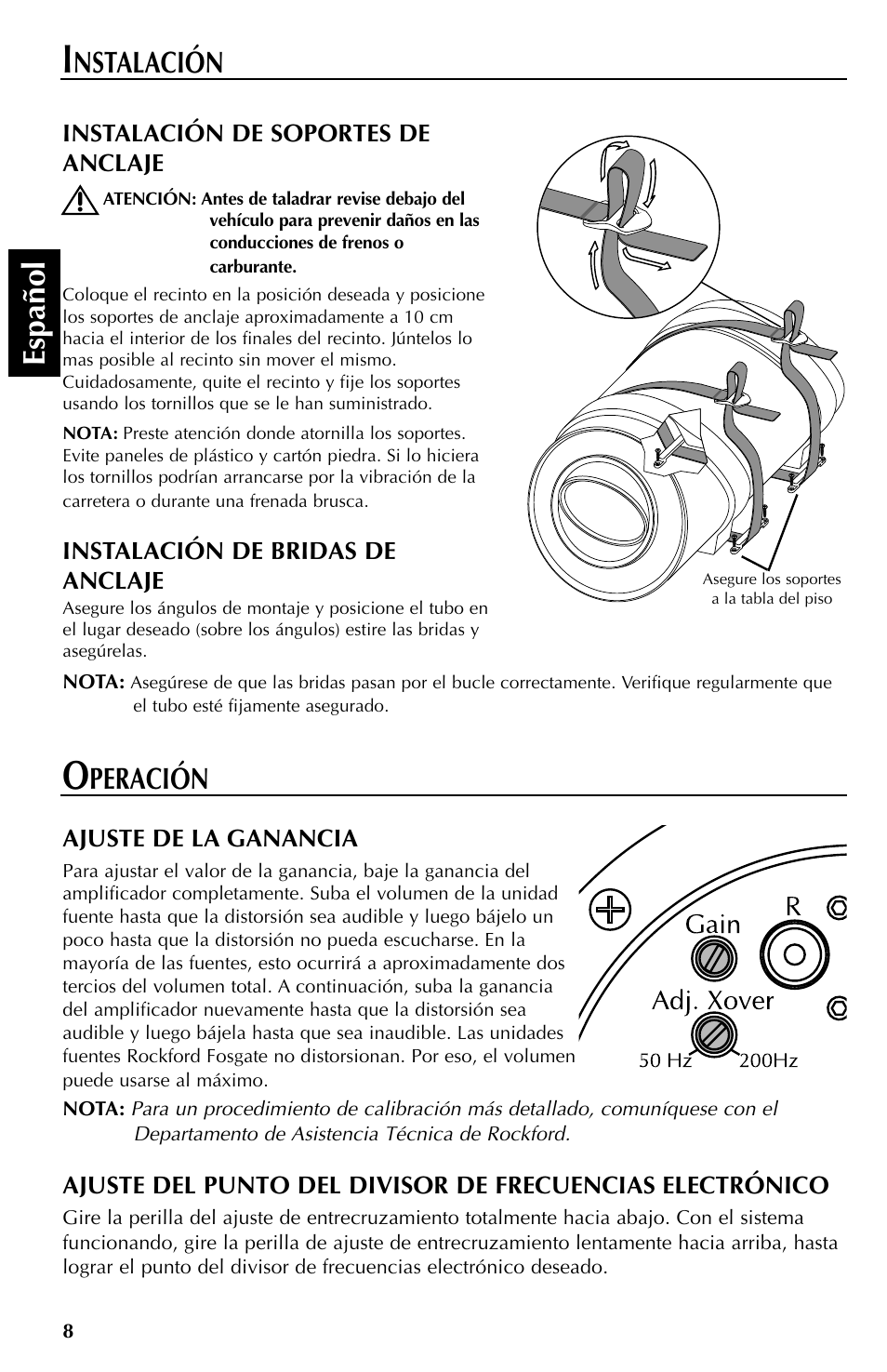 Espa ñ ol, Peración, Nstalación | Rockford Fosgate RFT3061A User Manual | Page 28 / 52