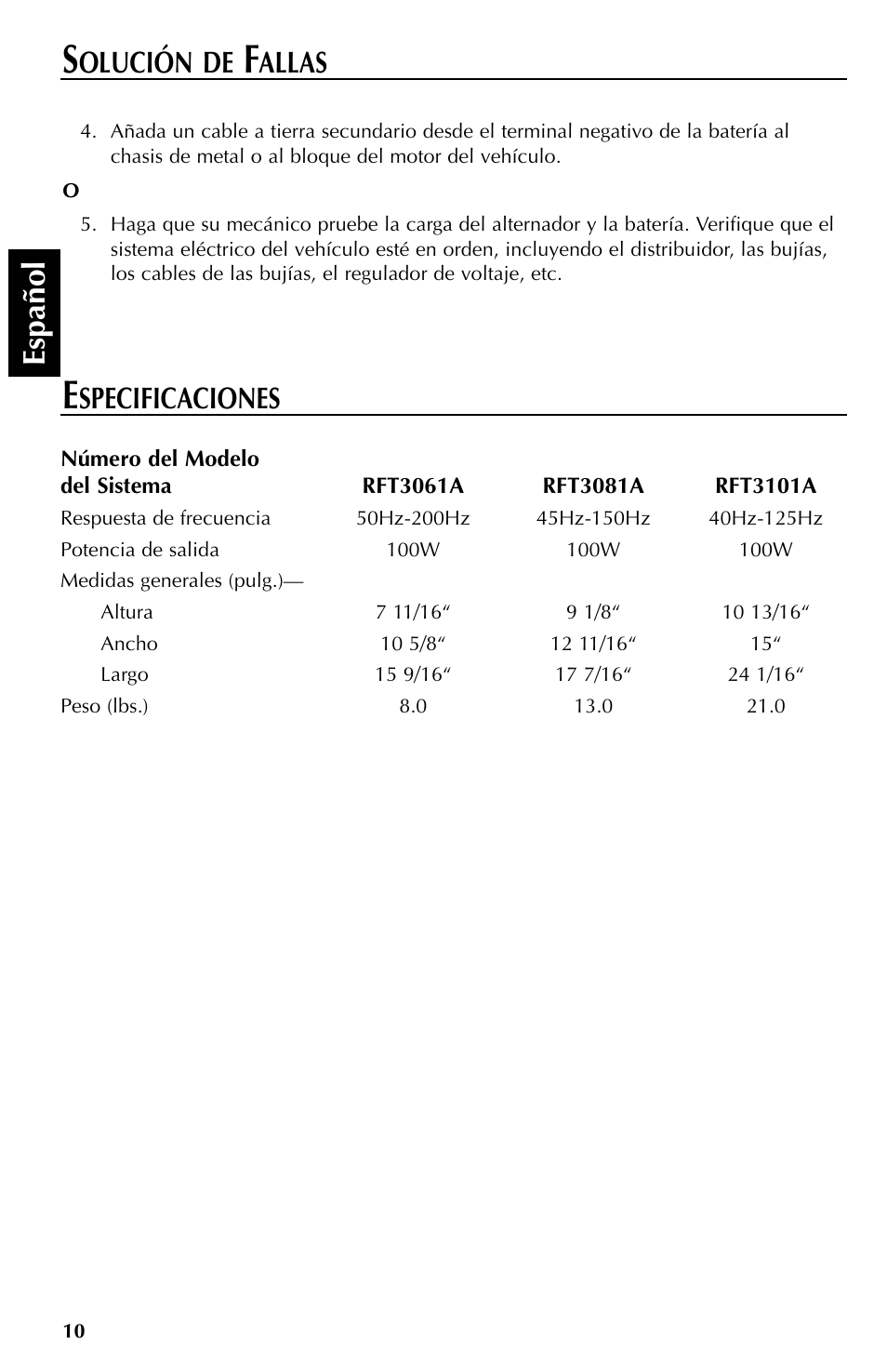 Espa ñ ol, Specificaciones, Olución de | Allas | Rockford Fosgate RFT3061A User Manual | Page 30 / 52