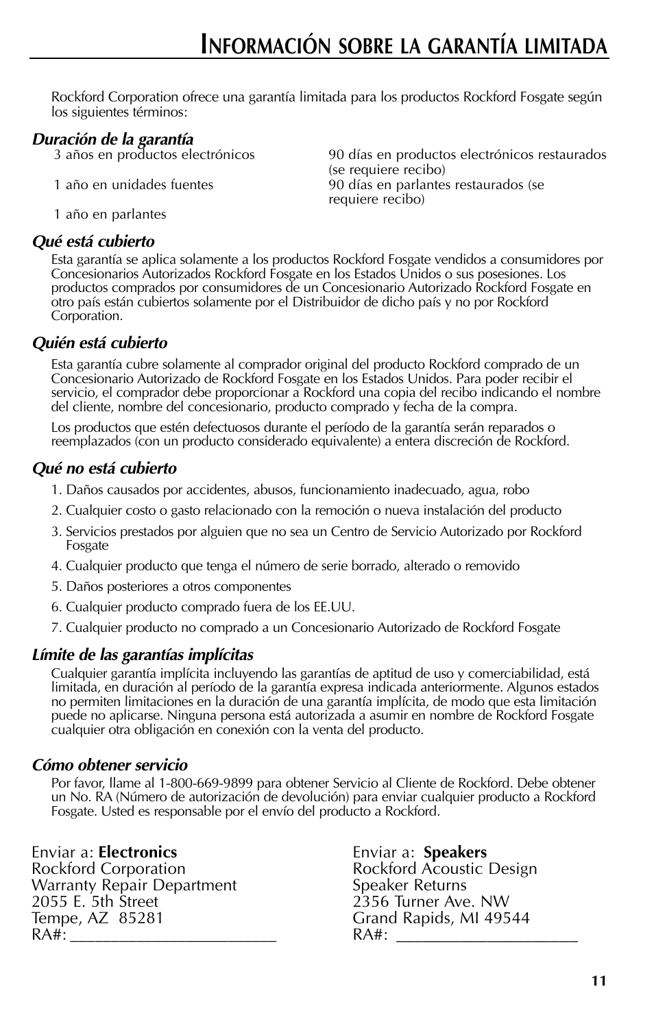 Nformación sobre la garantía limitada | Rockford Fosgate RFT3061A User Manual | Page 31 / 52