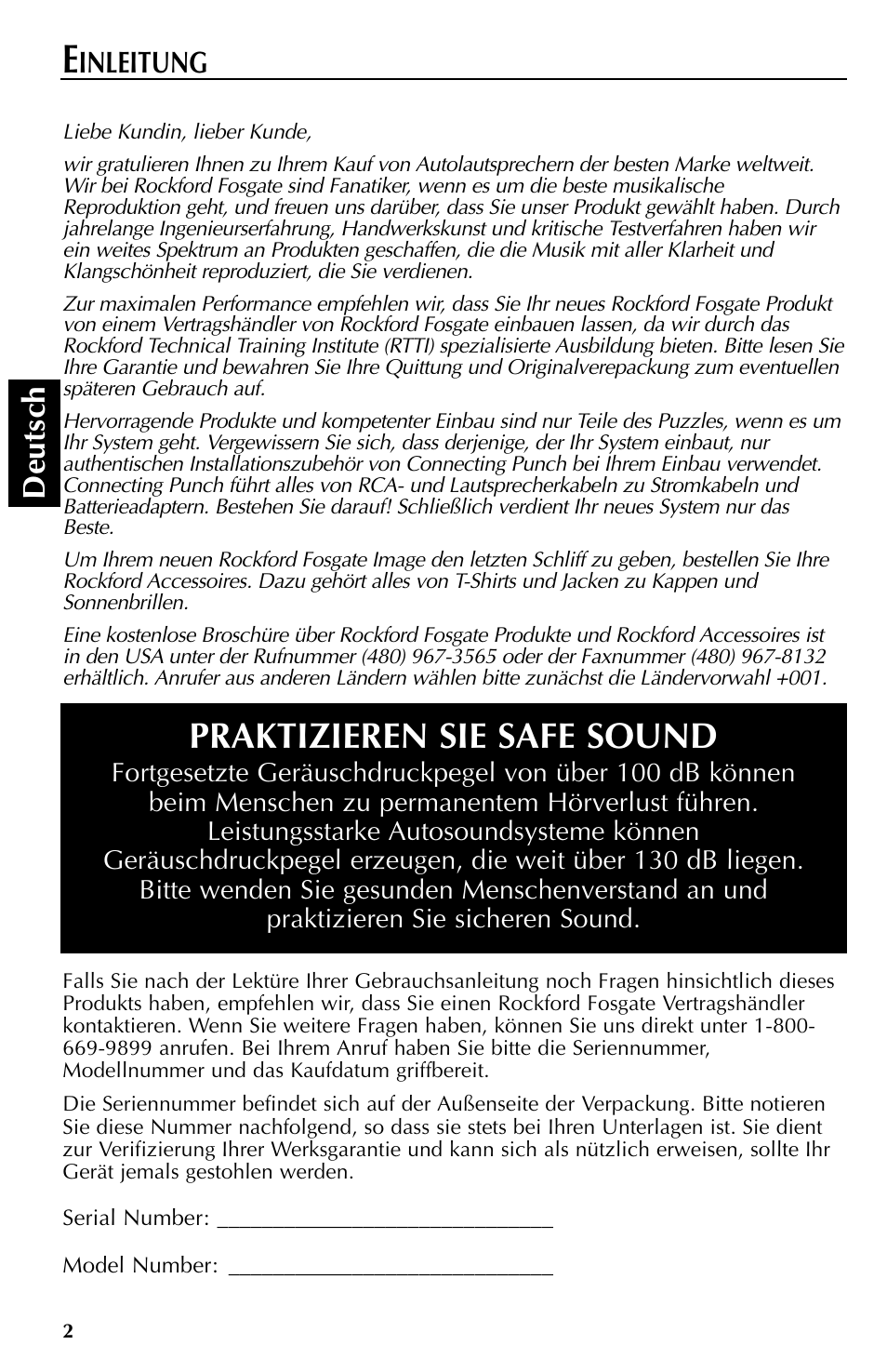 Praktizieren sie safe sound, Deutsch, Inleitung | Rockford Fosgate RFT3061A User Manual | Page 32 / 52