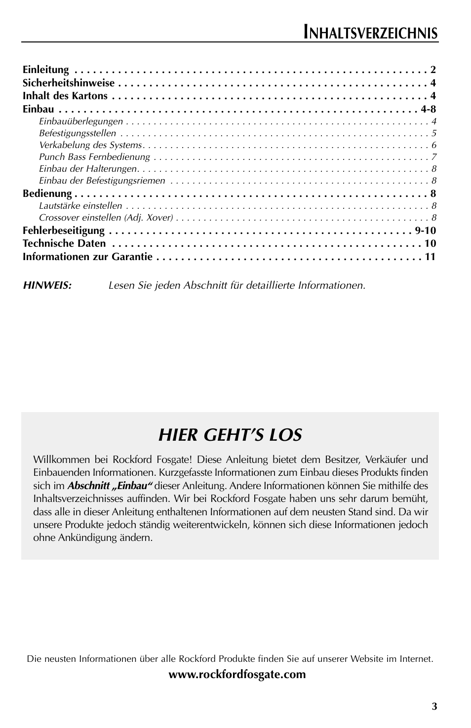 Hier geht’s los, Nhaltsverzeichnis | Rockford Fosgate RFT3061A User Manual | Page 33 / 52