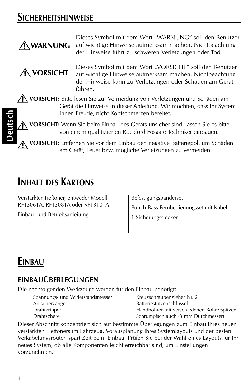 Deutsch, Inbau, Icherheitshinweise | Nhalt des, Artons | Rockford Fosgate RFT3061A User Manual | Page 34 / 52