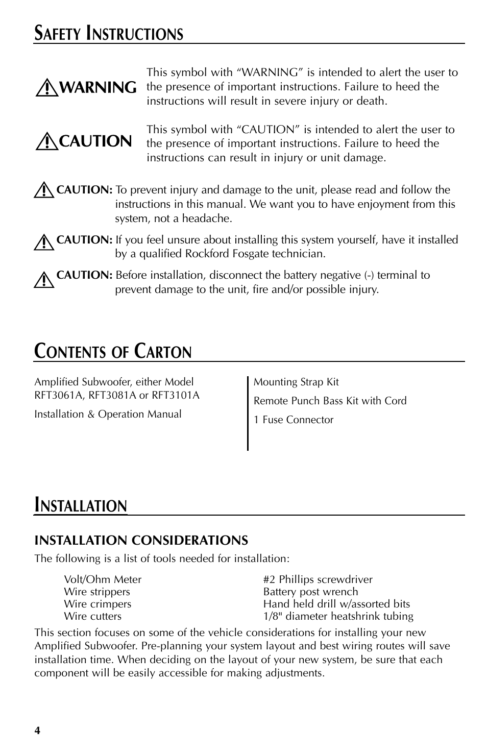 Nstallation, Afety, Nstructions | Ontents of, Arton | Rockford Fosgate RFT3061A User Manual | Page 4 / 52