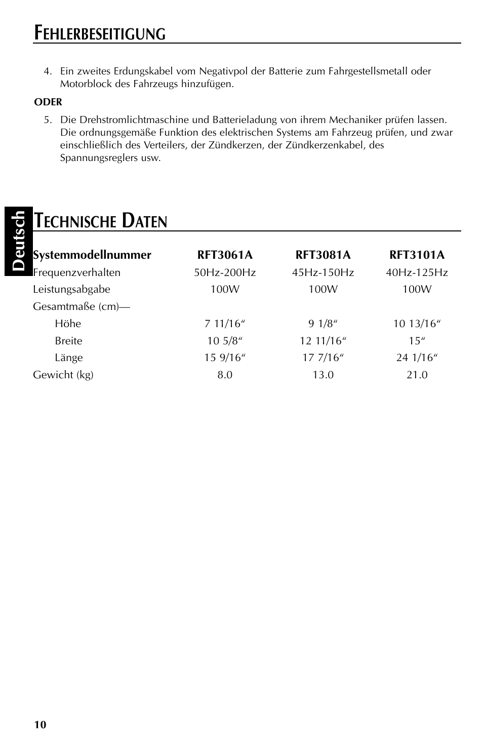 Deutsch, Echnische, Aten | Ehlerbeseitigung | Rockford Fosgate RFT3061A User Manual | Page 40 / 52