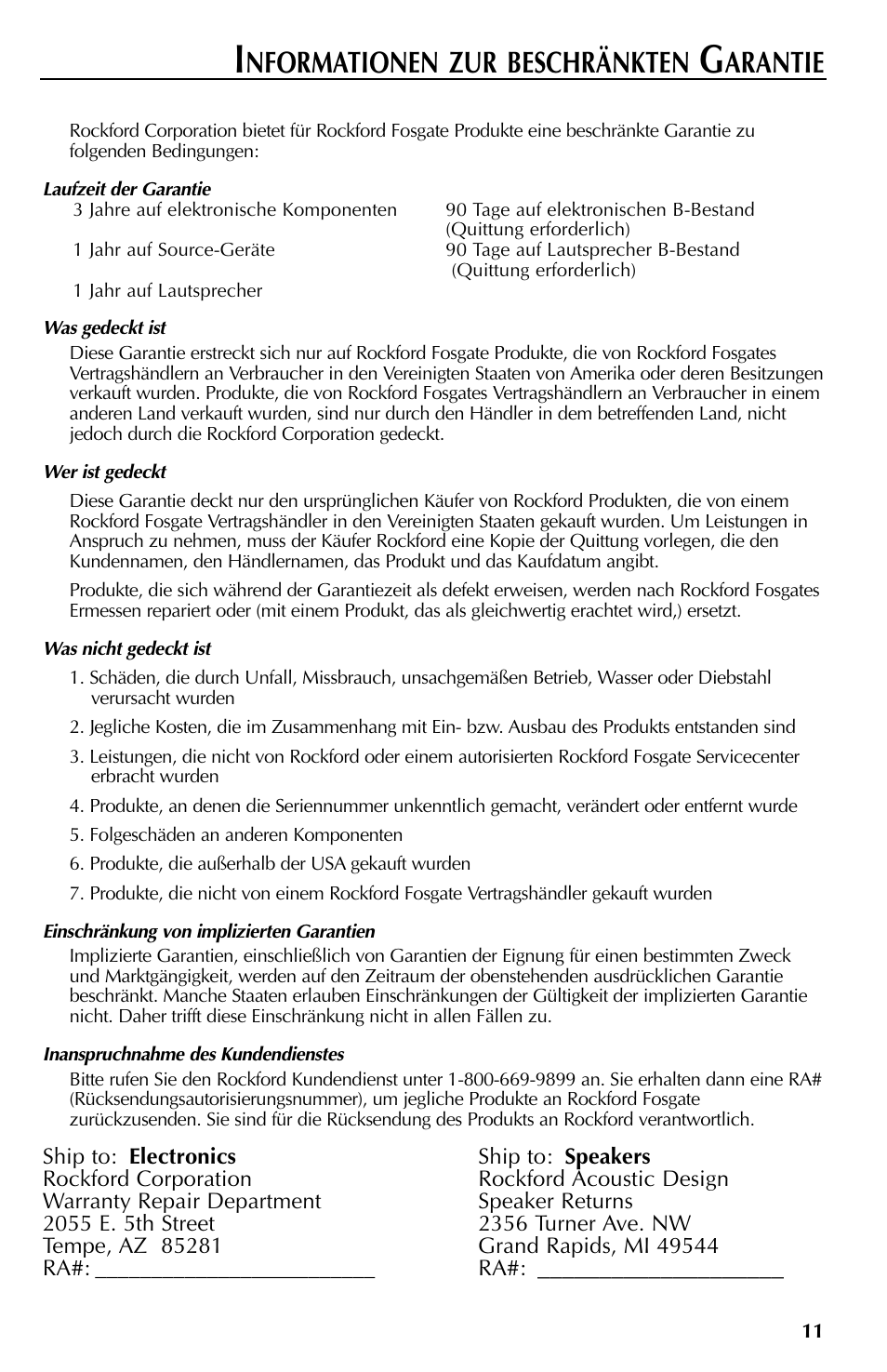 Nformationen zur beschränkten, Arantie | Rockford Fosgate RFT3061A User Manual | Page 41 / 52