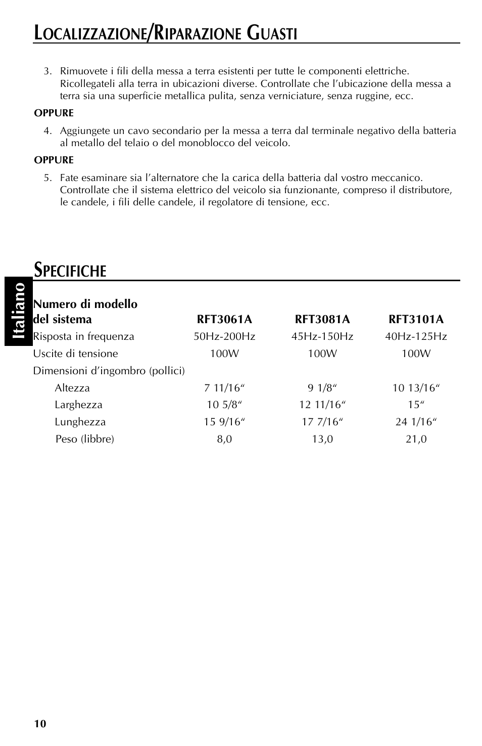 Italiano, Pecifiche, Ocalizzazione | Iparazione, Uasti | Rockford Fosgate RFT3061A User Manual | Page 50 / 52