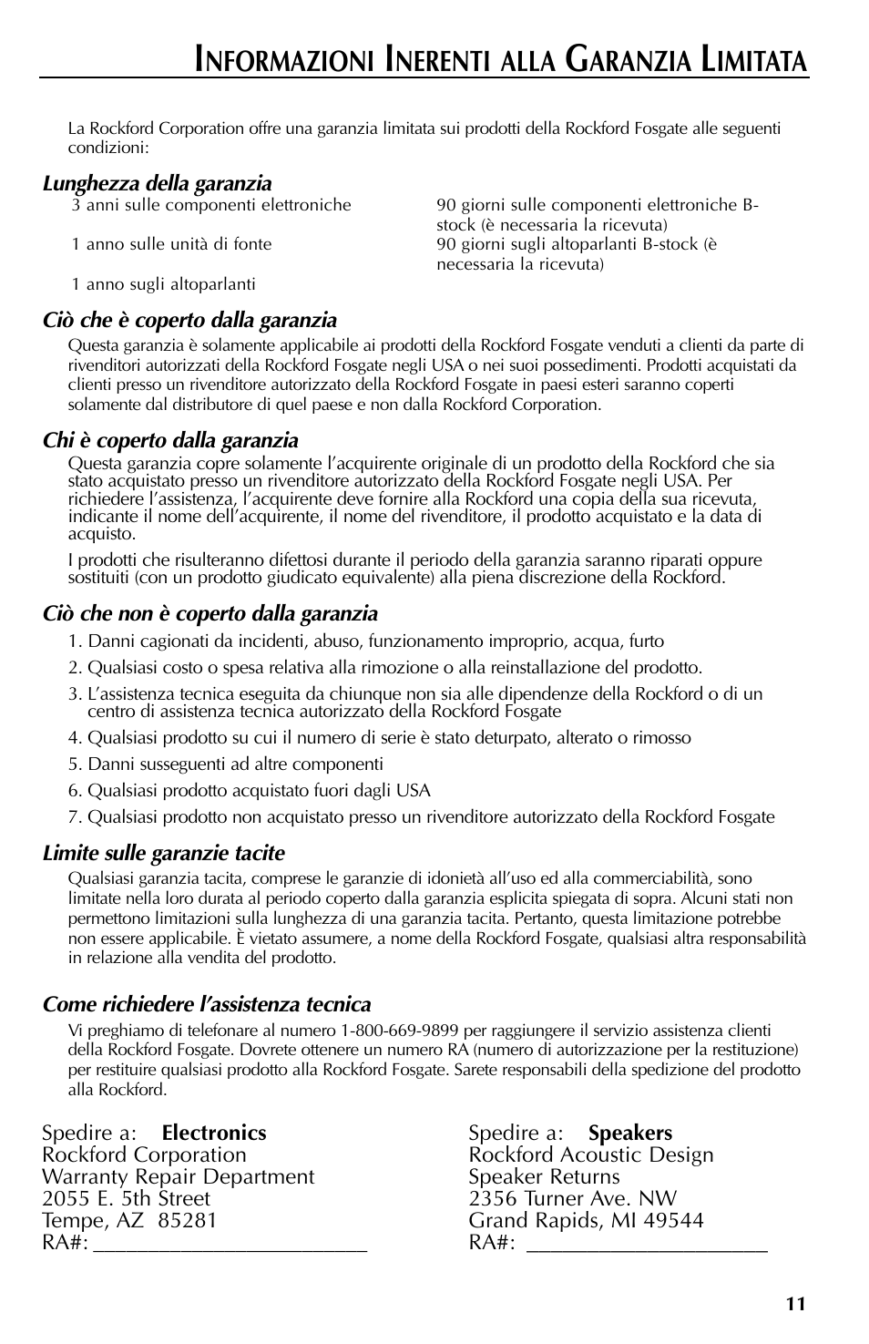 Nformazioni, Nerenti alla, Aranzia | Imitata | Rockford Fosgate RFT3061A User Manual | Page 51 / 52