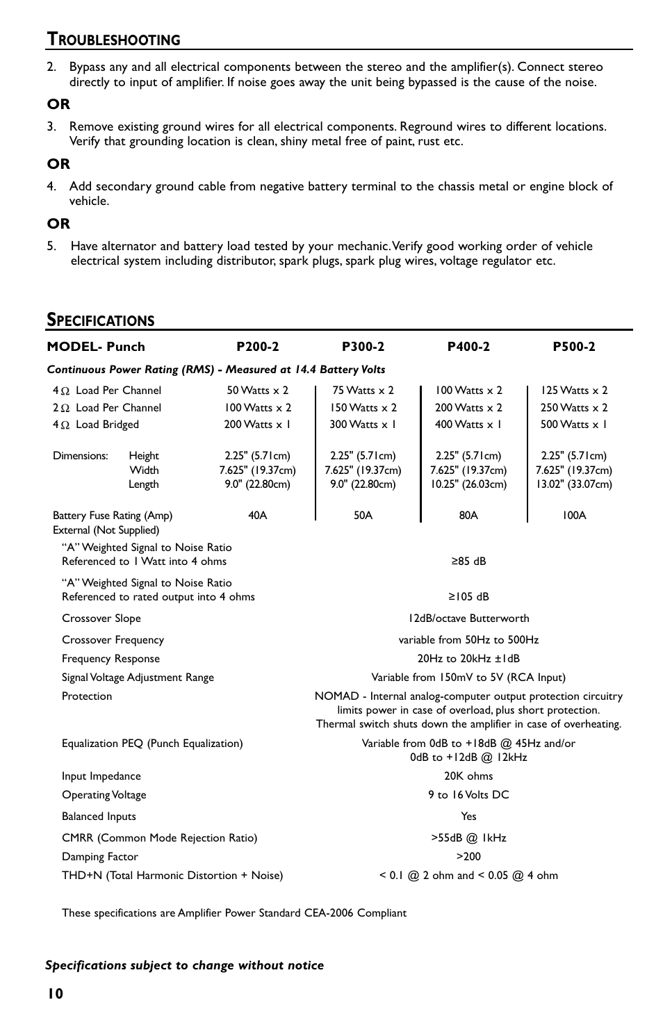 Pecifications, Roubleshooting | Rockford Fosgate p3002 User Manual | Page 10 / 52