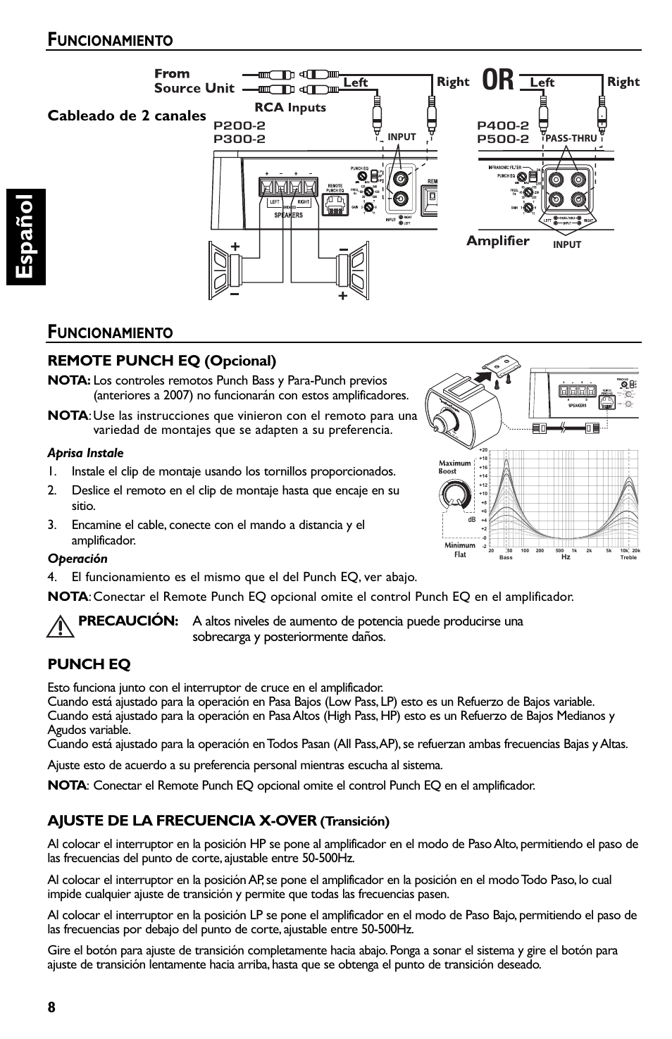 Español, Uncionamiento punch eq, Ajuste de la frecuencia x-over | Cableado de 2 canales remote punch eq (opcional), Uncionamiento | Rockford Fosgate p3002 User Manual | Page 28 / 52