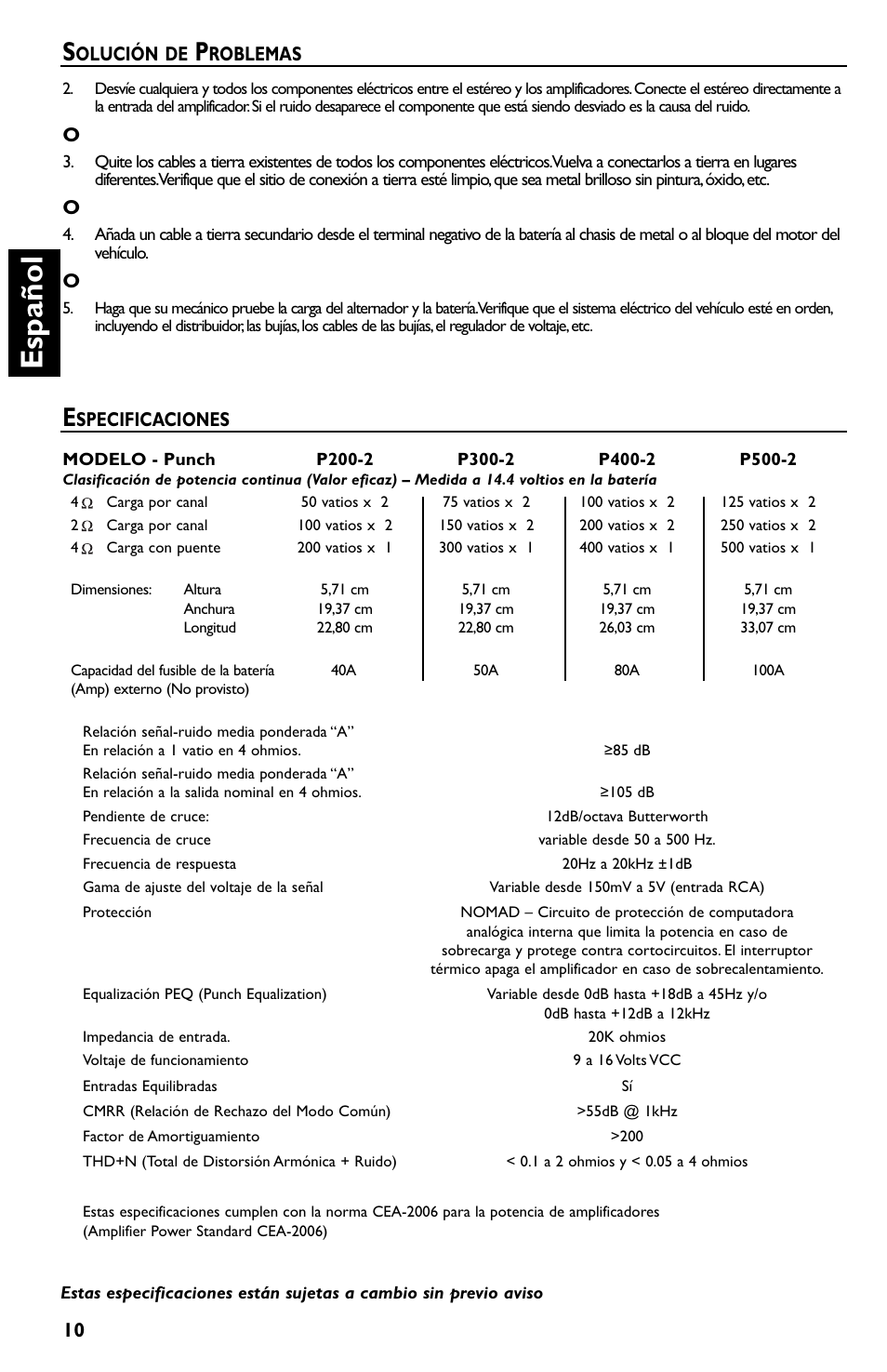 Español, Specificaciones, Olución de | Roblemas | Rockford Fosgate p3002 User Manual | Page 30 / 52