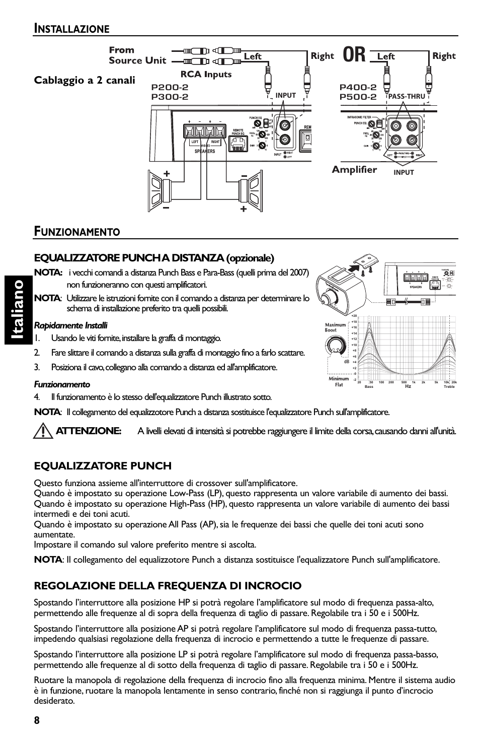 Italiano, Unzionamento equalizzatore punch, Regolazione della frequenza di incrocio | Cablaggio a 2 canali | Rockford Fosgate p3002 User Manual | Page 48 / 52