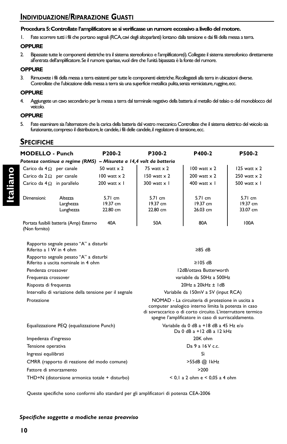 Italiano, Pecifiche, Ndividuazione | Iparazione, Uasti | Rockford Fosgate p3002 User Manual | Page 50 / 52