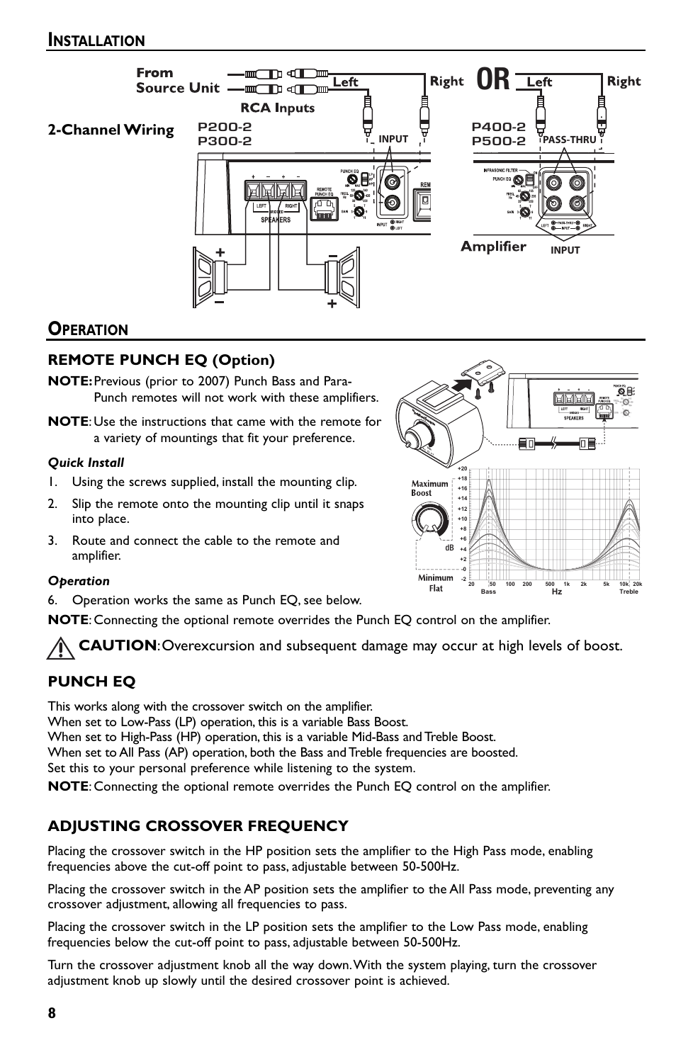 8remote punch eq (option), Peration punch eq, Adjusting crossover frequency | Channel wiring, Nstallation | Rockford Fosgate p3002 User Manual | Page 8 / 52